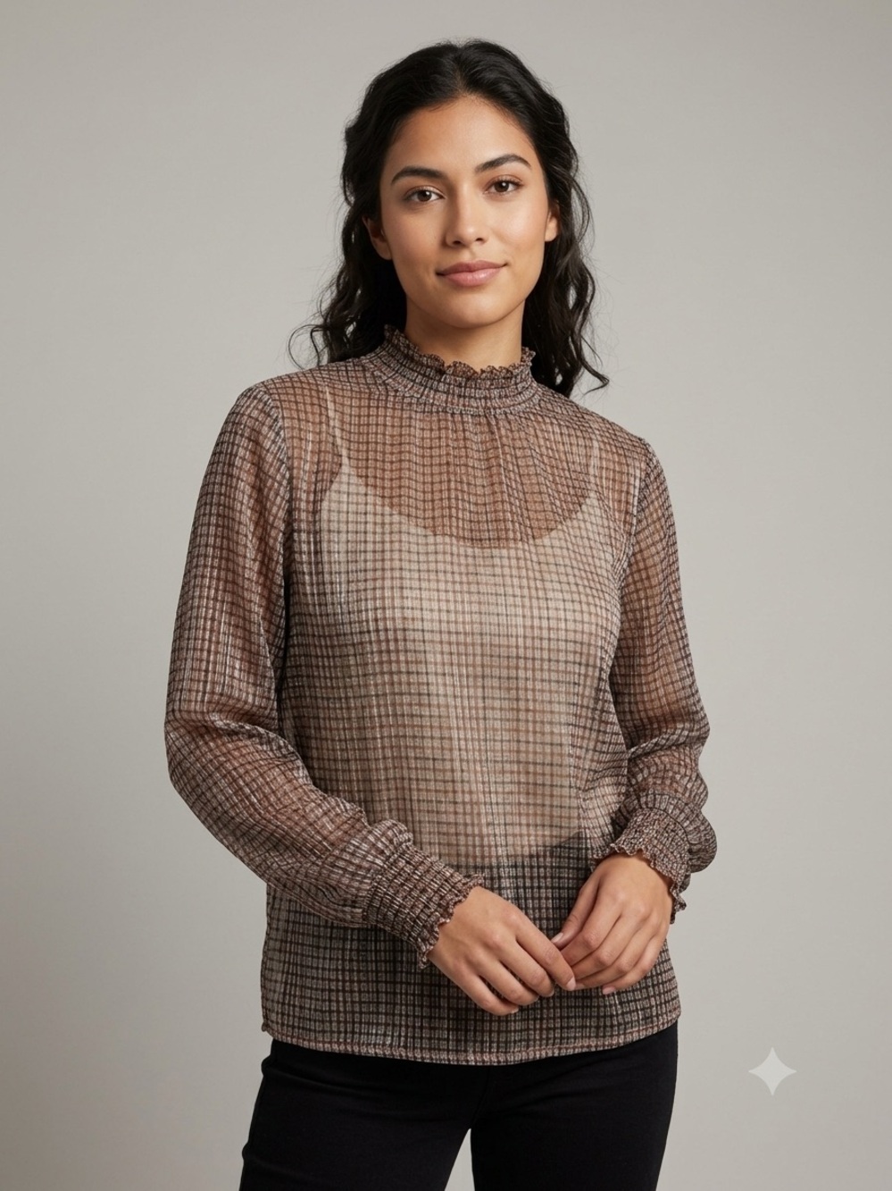 Adrianna Papell Yellow Brown Checkered Long Sleeve Blouse
